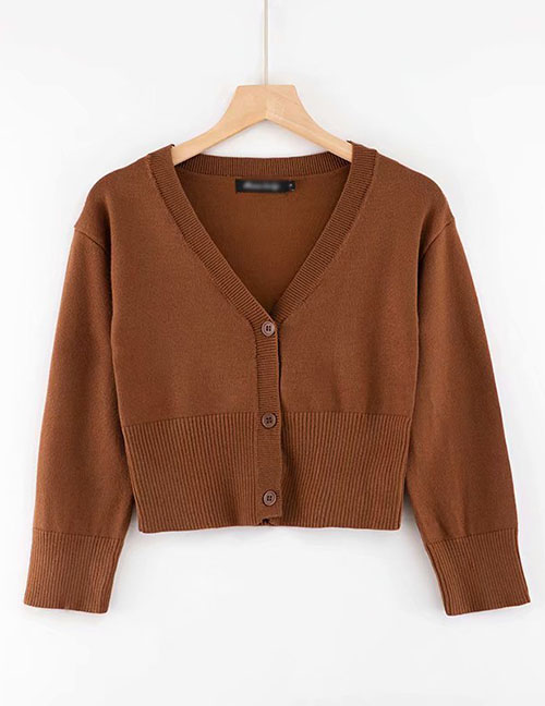 Fashion Coffee Color V-neck Single-breasted Knitted Cardigan With Three-quarter Sleeves And Three Buttons