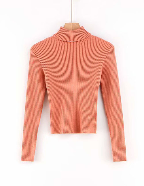 Fashion Orange Pink Turtleneck Knitted T-shirt