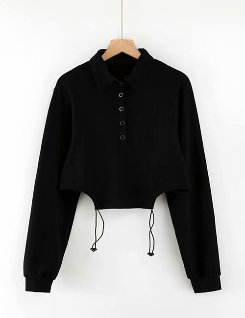 Fashion Black Double Drawstring Lapel Sweatshirt