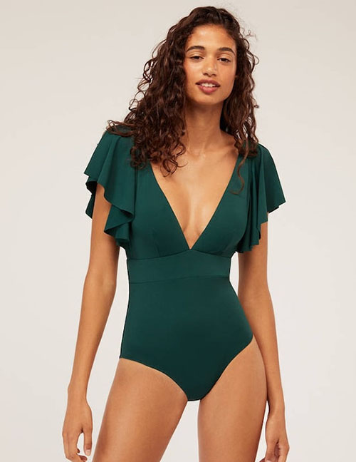 Fashion Green V-neck Ruffled One-piece Swimsuit