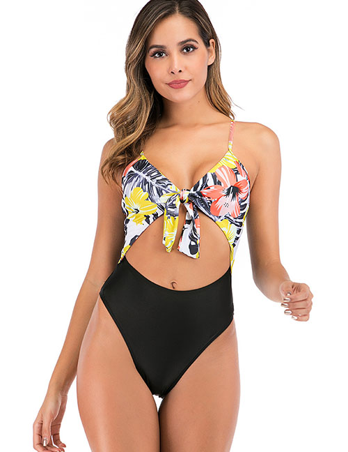Fashion Yellow Printed Lace Up One Piece Swimsuit