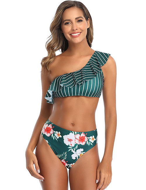 Fashion Green Printed Flared One-shoulder Split Swimsuit