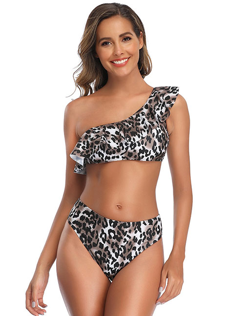 Fashion Leopard Print Printed Flared One-shoulder Split Swimsuit