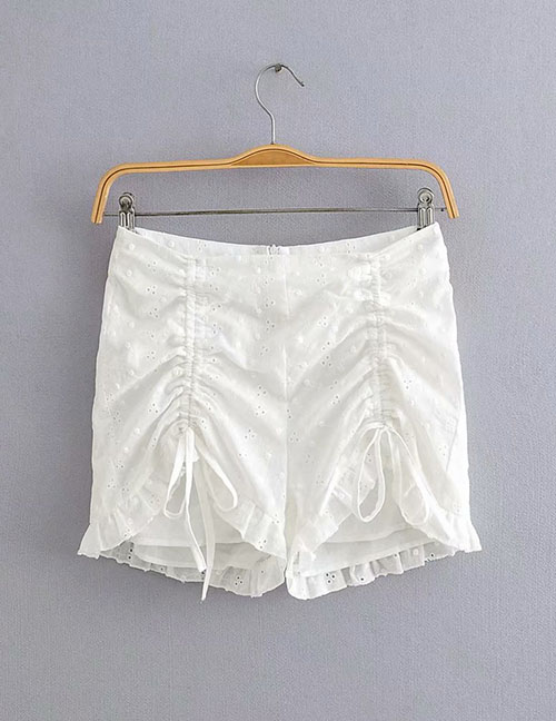 Fashion White Openwork Embroidered Drawstring Ruffled Shorts