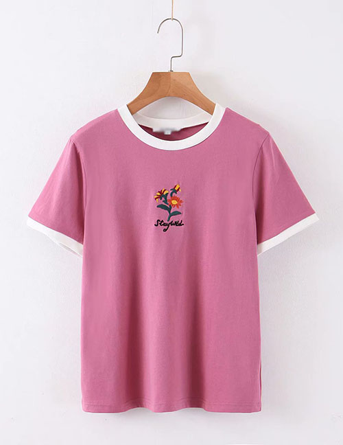 Fashion Purple Embroidered Flower Crew Neck T-shirt