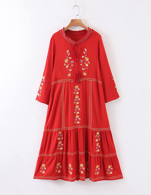 Fashion Red Embroidered Lace Dress