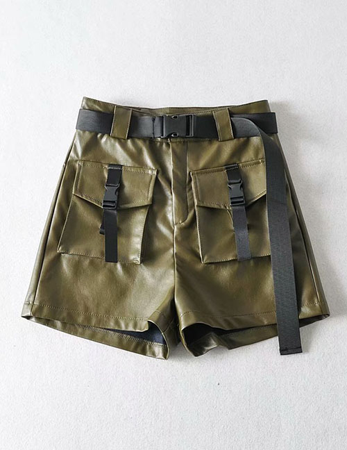 Fashion Army Green Tooling Pu Leather Shorts