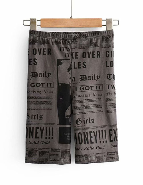 Fashion Gray Newspaper Print Cropped Trousers
