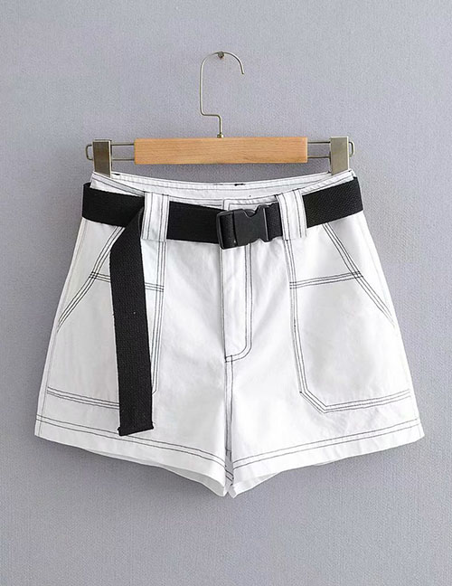 Fashion White Open-line Tooling Belt Stitching Shorts
