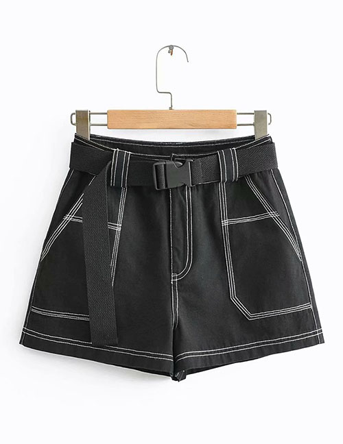 Fashion Black Open-line Tooling Belt Stitching Shorts