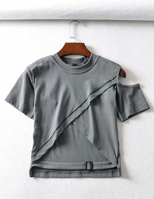 Fashion Gray Open-line Cross-cut Unisex Off-shoulder T-shirt