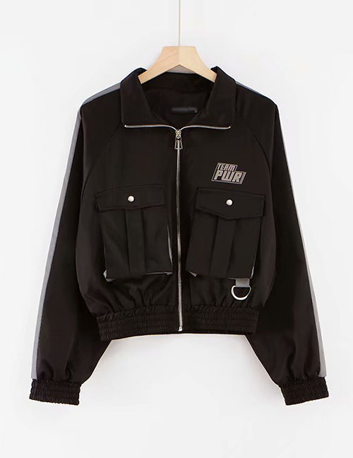 Fashion Black Pocket Reflective Patchwork Jacket