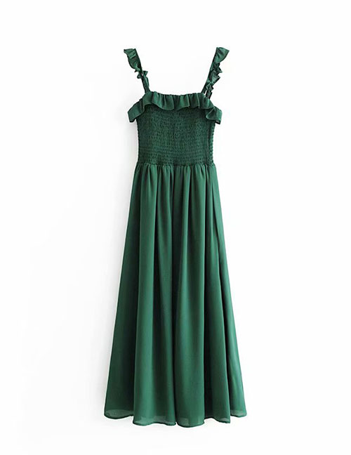Fashion Green Ruffled Split Pleated Dress