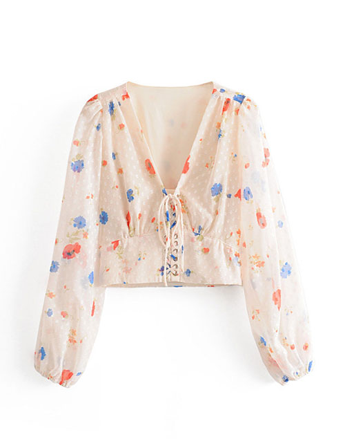 Fashion Cream Color Floral Print V-neck Lace-up Sleeve Shirt