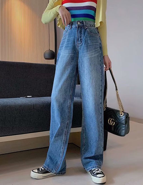 Fashion Blue Washed High-rise Straight-leg Jeans