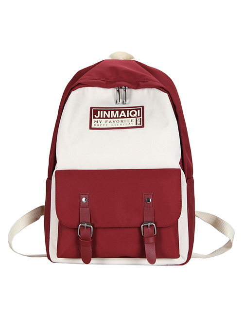 Fashion Red Large Contrast Stitching Belt Buckle Backpack