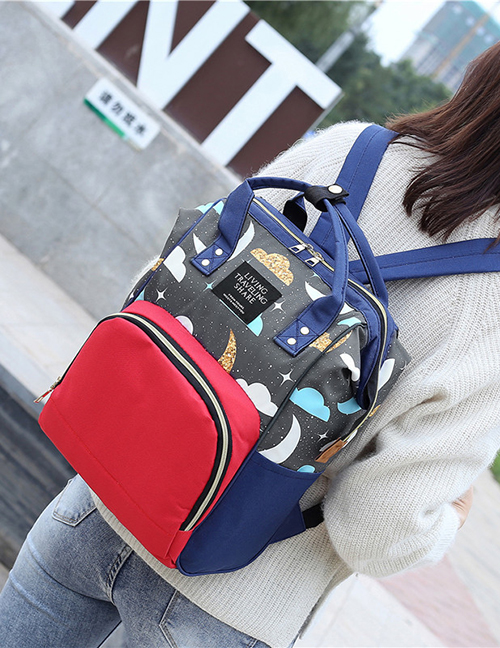Fashion Blue With Red Multifunctional Mummy Bag With Printed Stitching Moon Clip