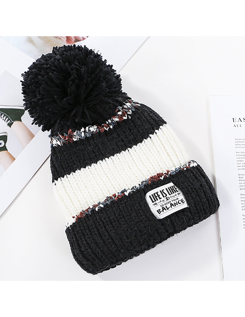 Fashion Black Stitched Contrast Knitted Wool Hat