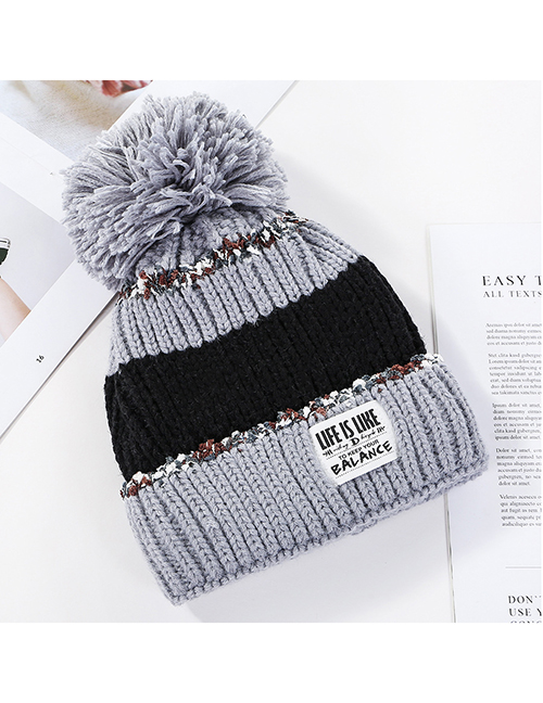 Fashion Gray Stitched Contrast Knitted Wool Hat