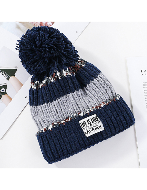 Fashion Navy Stitched Contrast Knitted Wool Hat