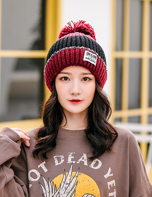 Fashion Wine Red Stitched Contrast Knitted Wool Hat