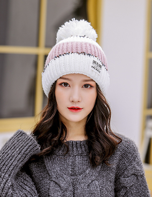 Fashion White Stitched Contrast Knitted Wool Hat