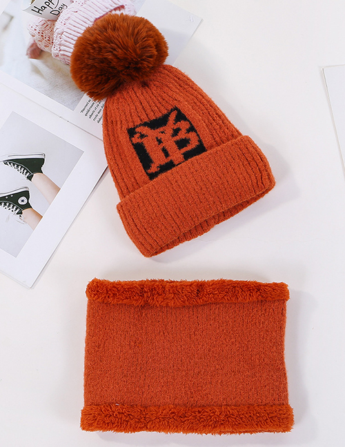 Fashion Orange Mink Velvet Wool Knit Hat Bib Set
