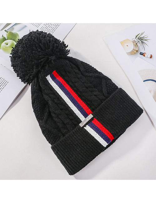 Fashion Black Knitted Colorblock Striped Plus Fleece Hat