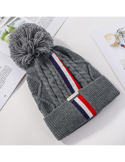 Fashion Gray Knitted Colorblock Striped Plus Fleece Hat