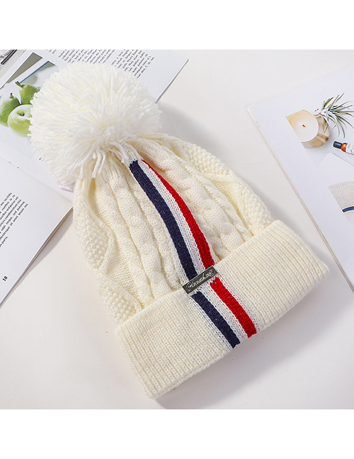 Fashion White Knitted Colorblock Striped Plus Fleece Hat