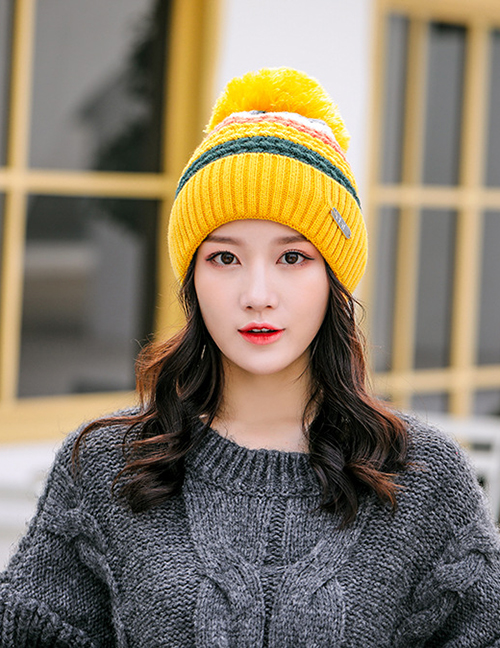 Fashion Yellow Stitched Contrast Color Padded Knitted Hat