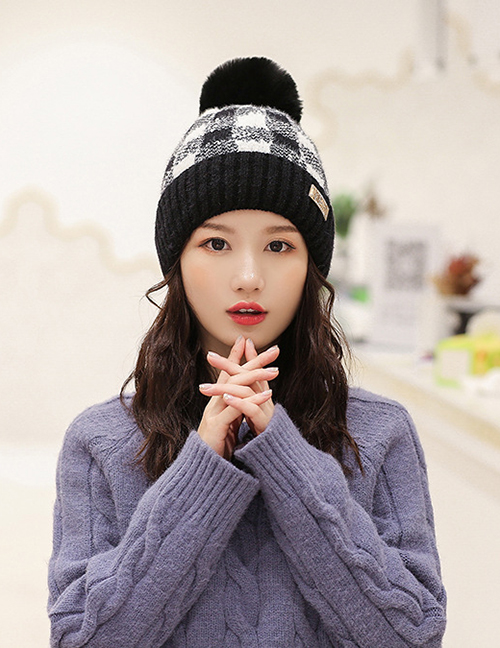 Fashion Black Color-block Plaid Plush Ball-trimmed Knitted Hat