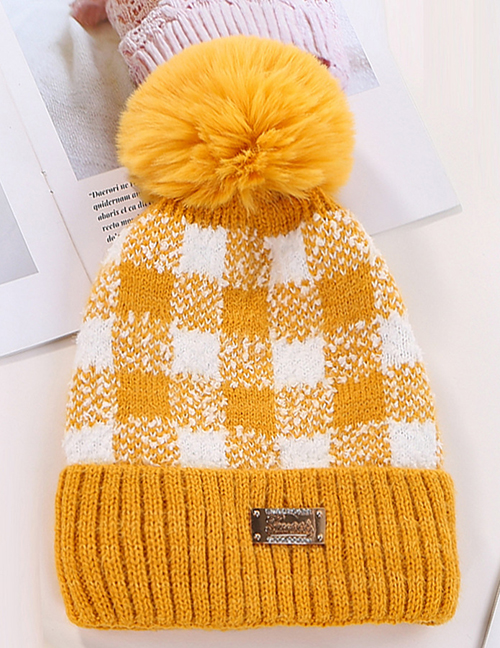 Fashion Yellow Color-block Plaid Plush Ball-trimmed Knitted Hat