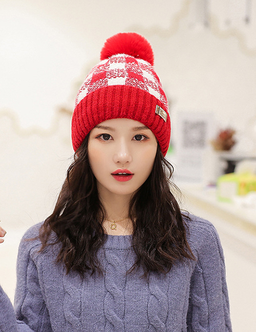 Fashion Red Color-block Plaid Plush Ball-trimmed Knitted Hat