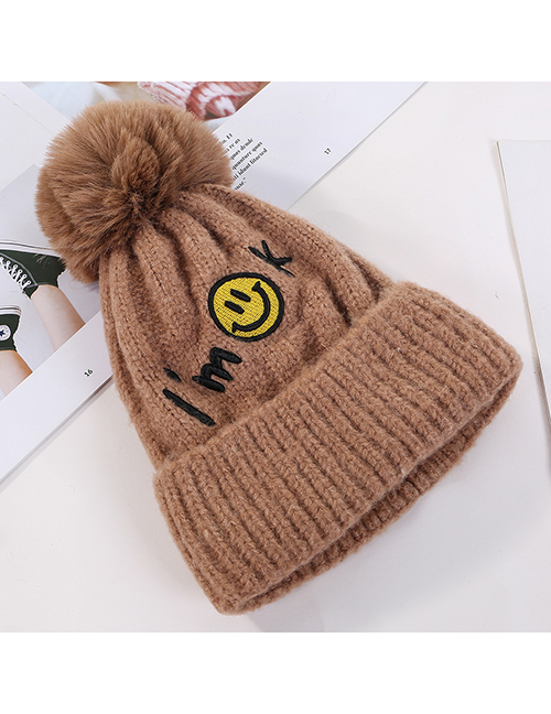 Fashion Khaki Embroidered Smiley Letters Plus Velvet Knitted Hat