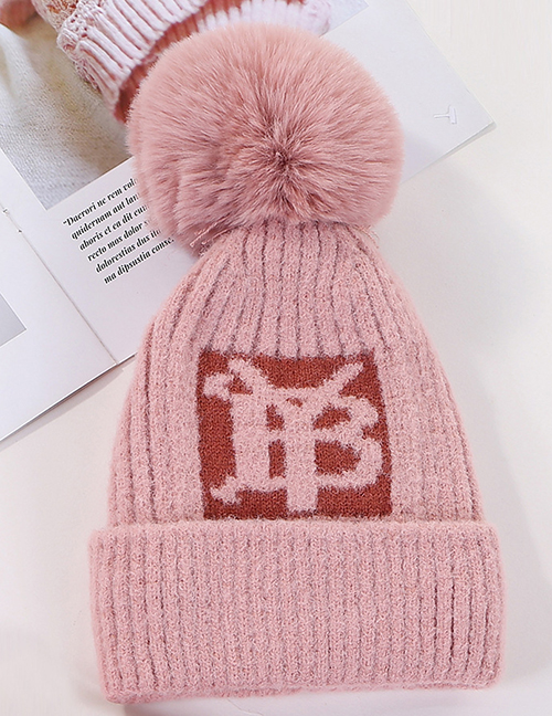 Fashion Pink Velvet Yb Letter Wool Ball Knitted Hat
