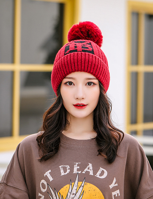 Fashion Red Wine Velvet Yb Letter Wool Ball Knitted Hat