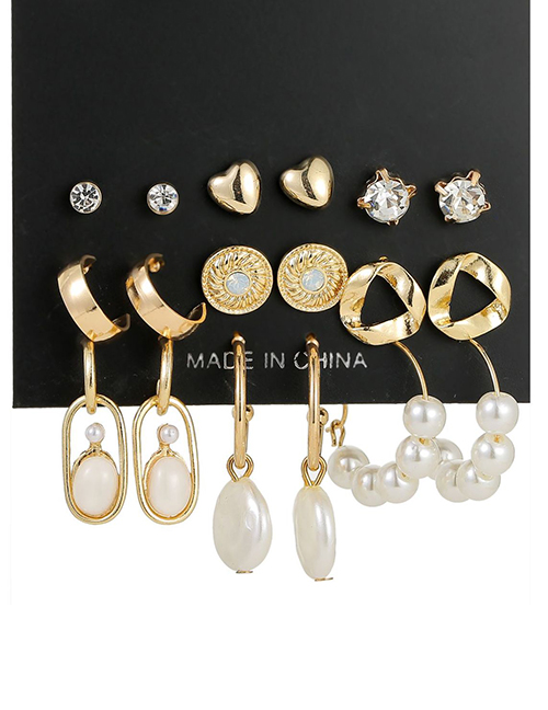 Fashion Golden Geometric Diamond Pearl Love Earring Set