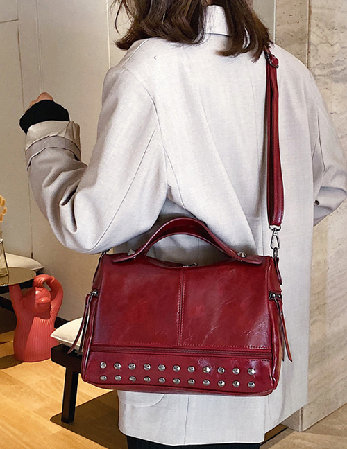 Fashion Red Wine Studded Shoulder Bag