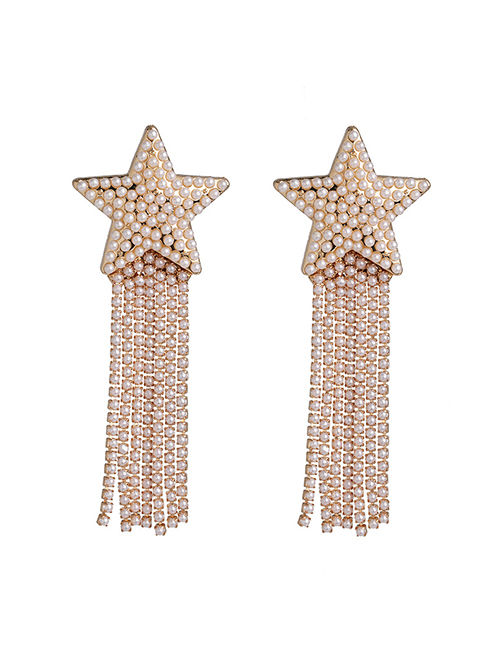 Fashion Pearl Geometric Pentagram Diamond Tassel Earrings