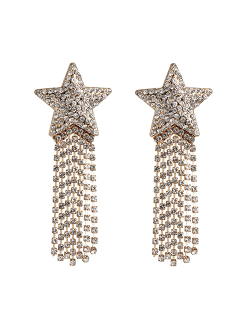 Fashion Rhinestone Geometric Pentagram Diamond Tassel Earrings