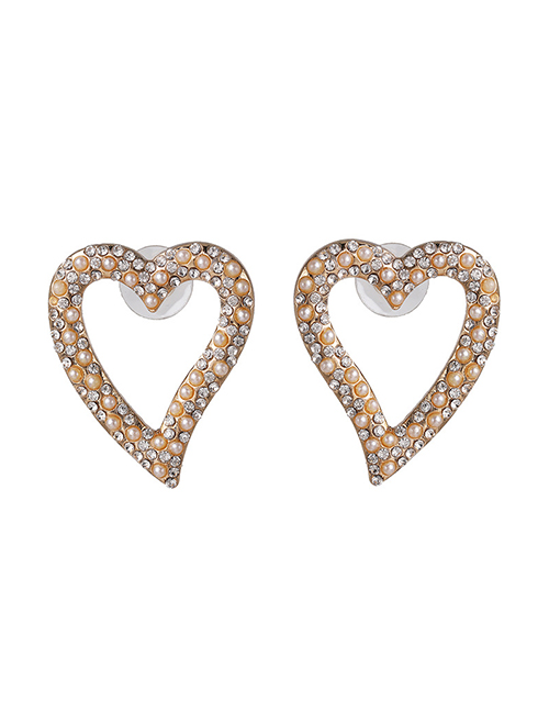 Fashion Golden Diamond Symmetric Heart Pearl Openwork Earrings