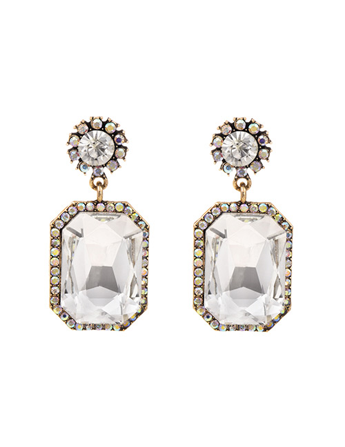 Fashion White Alloy Diamond Square Stud Earrings