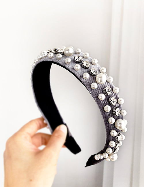 Fashion Gray Gold And Velvet Headband With Pearl And Diamonds