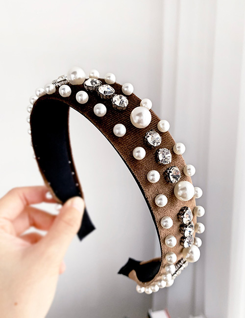 Fashion Brown Gold And Velvet Headband With Pearl And Diamonds