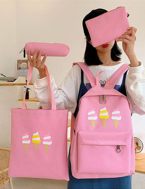 Fashion Pink Ice Cream Print Backpack Four-piece