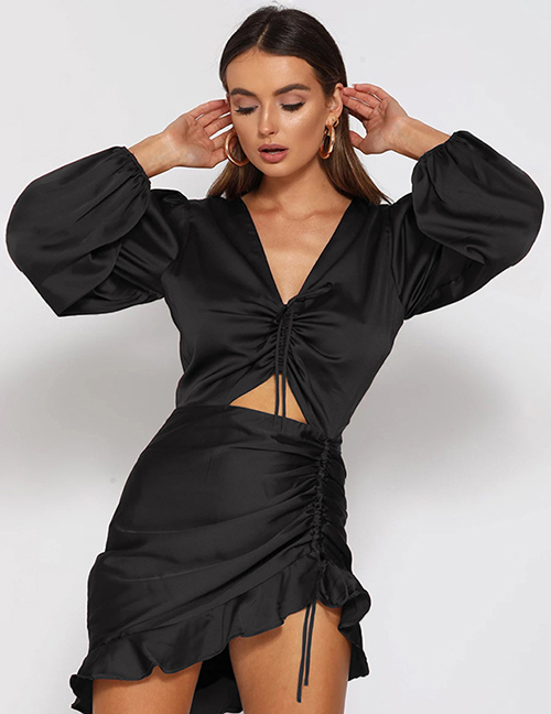 Fashion Black Long Sleeve V-neck Drawstring Ruffle Patchwork Dress