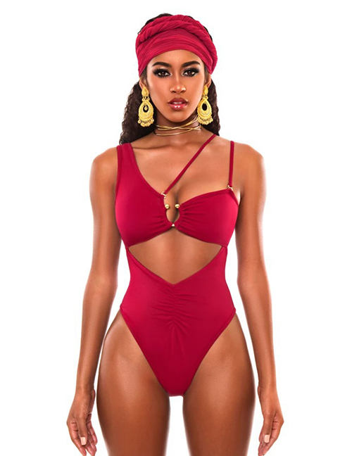 Fashion Pure Red Pleated Strap Cutout One-piece Swimsuit