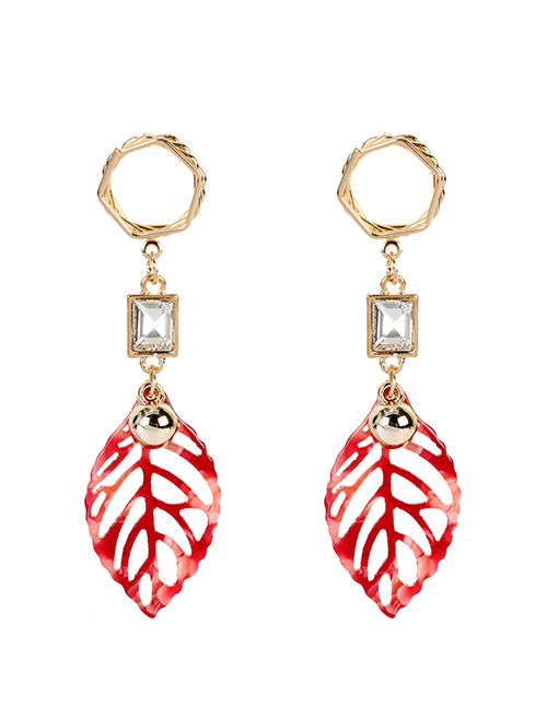 Fashion Red Leaf Shaped Acrylic Cutout Diamond Earrings