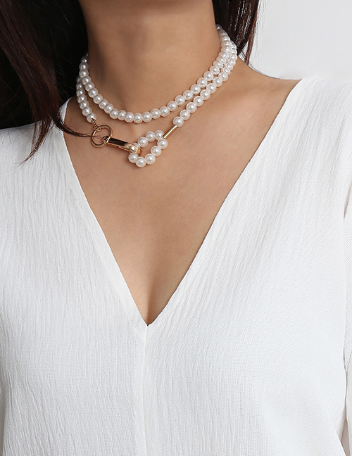 Fashion Golden Handmade Beaded Geometric Pearl Single Layer Necklace